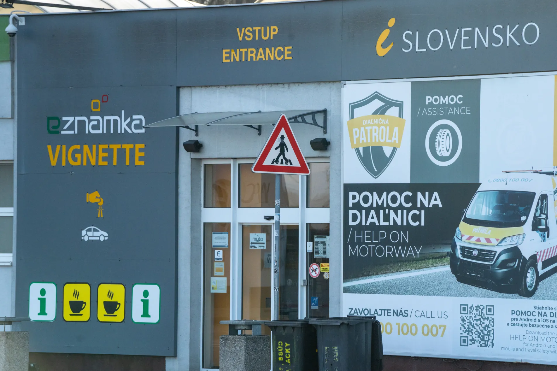 Slovakia Eznamka vignette sales point and Slovensko motorway assistance service centre with Diaľničná Patrola help on motorway sign and info facilities, February 2026